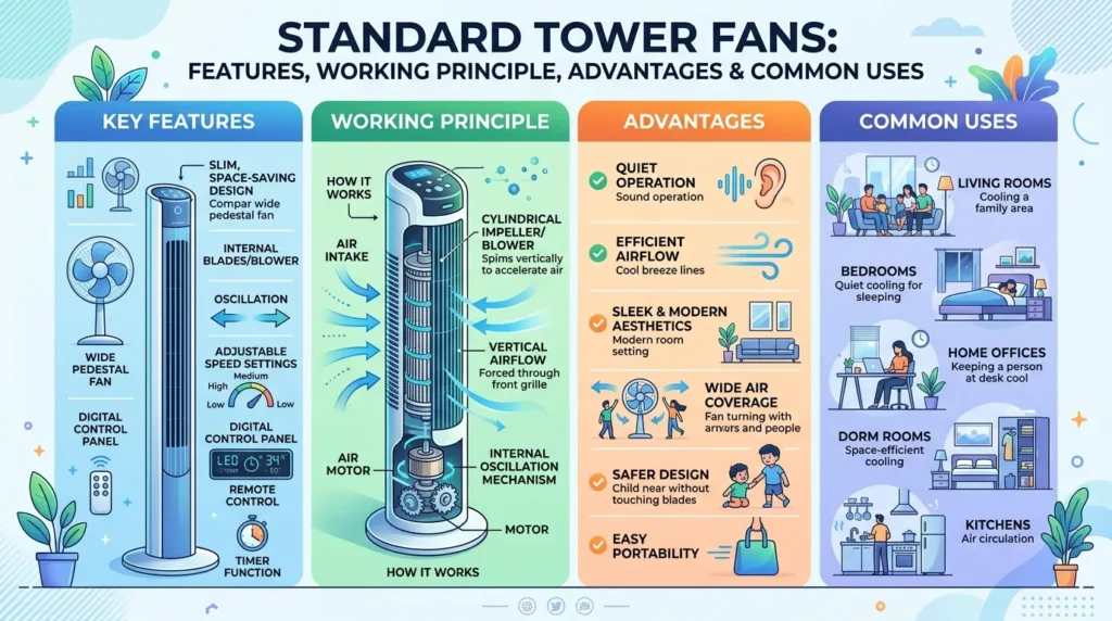 comparison chart of tower fan features for bedroom, allergy, small space use