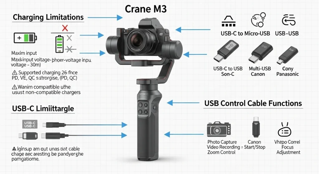 crane m3 usb control cable charging limitations