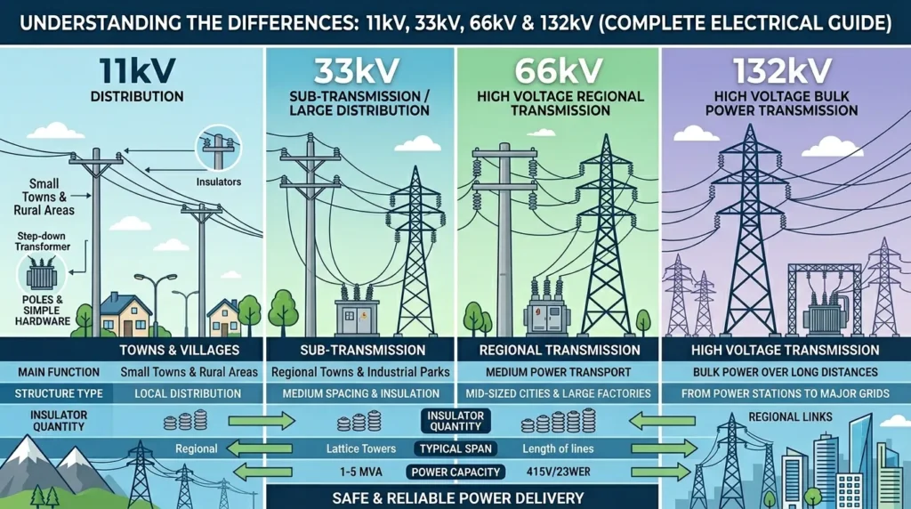 Difference Between 11kV 33kV 66kV and 132kV