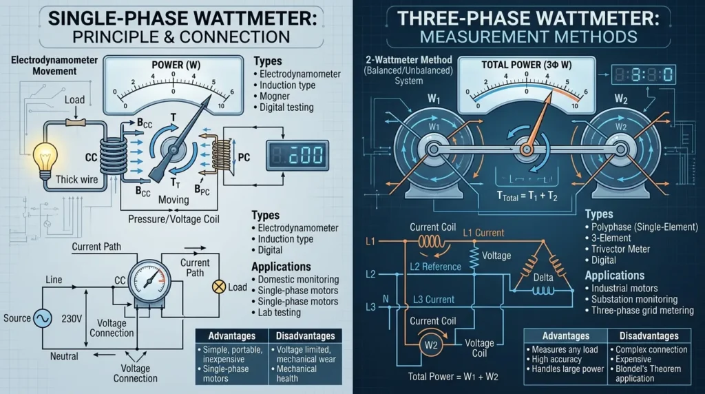 Single-phase and three-phase wattmeters