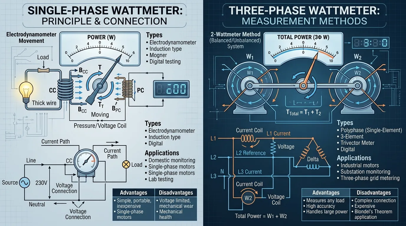 Single-phase and three-phase wattmeters
