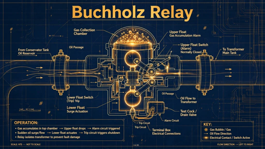 Cutaway technical illustration of a Buchholz relay installed between a transformer tank and conservator, showing the alarm float, trip element and rising gas bubbles