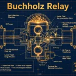 Cutaway technical illustration of a Buchholz relay installed between a transformer tank and conservator, showing the alarm float, trip element and rising gas bubbles