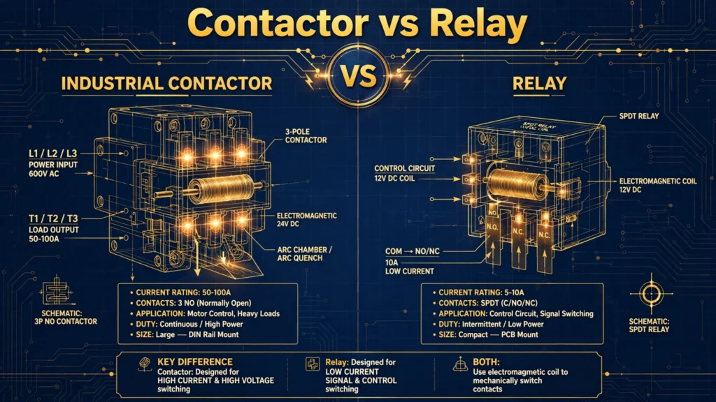 Side-by-side illustration comparing an industrial power contactor and a compact electromagnetic relay
