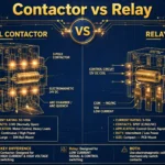 Side-by-side illustration comparing an industrial power contactor and a compact electromagnetic relay