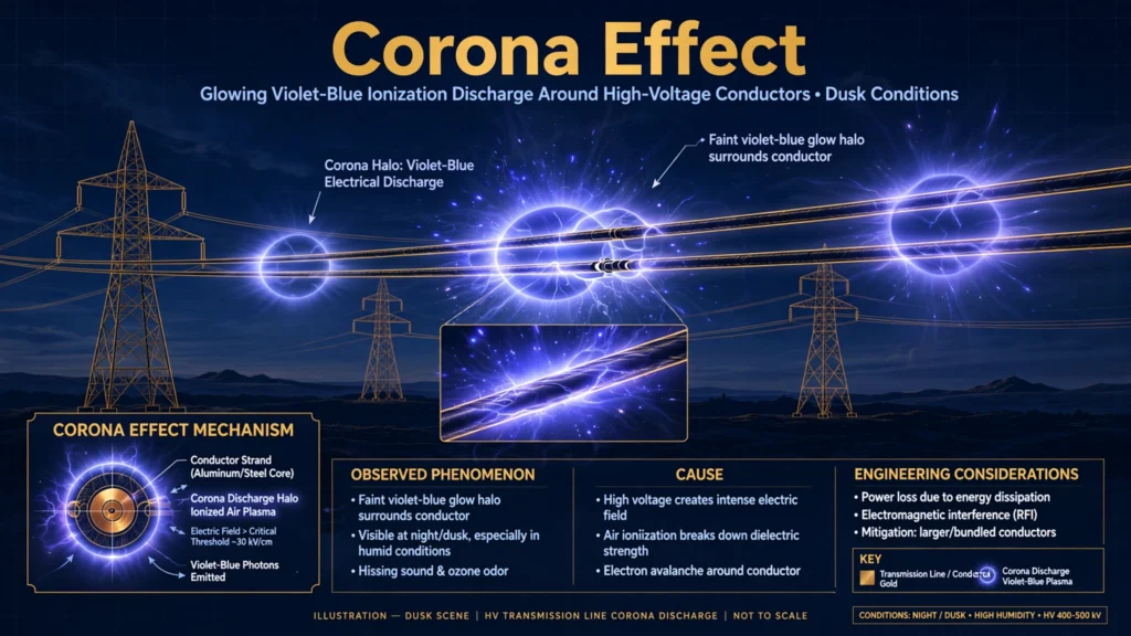 Technical illustration of high voltage transmission lines showing glowing corona discharge around conductors with title text Corona Effect
