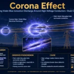 Technical illustration of high voltage transmission lines showing glowing corona discharge around conductors with title text Corona Effect