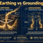 House earthing illustration showing ground rod, earth wire path and fault current flowing safely into the soil