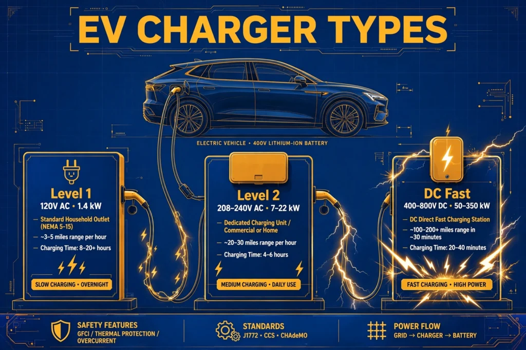 EV charger types infographic comparing Level 1, Level 2 and DC fast charging stations with power ratings and charging times