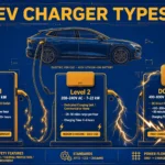 EV charger types infographic comparing Level 1, Level 2 and DC fast charging stations with power ratings and charging times