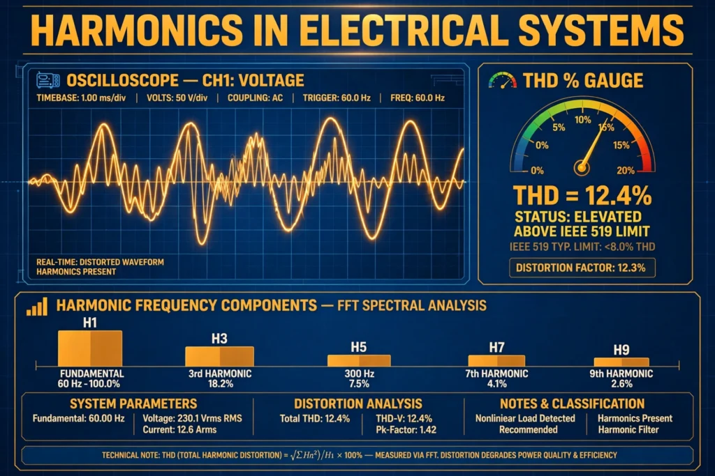 Harmonics in electrical systems illustration showing distorted sine wave with harmonic components and THD measurement on oscilloscope