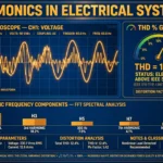 Harmonics in electrical systems illustration showing distorted sine wave with harmonic components and THD measurement on oscilloscope