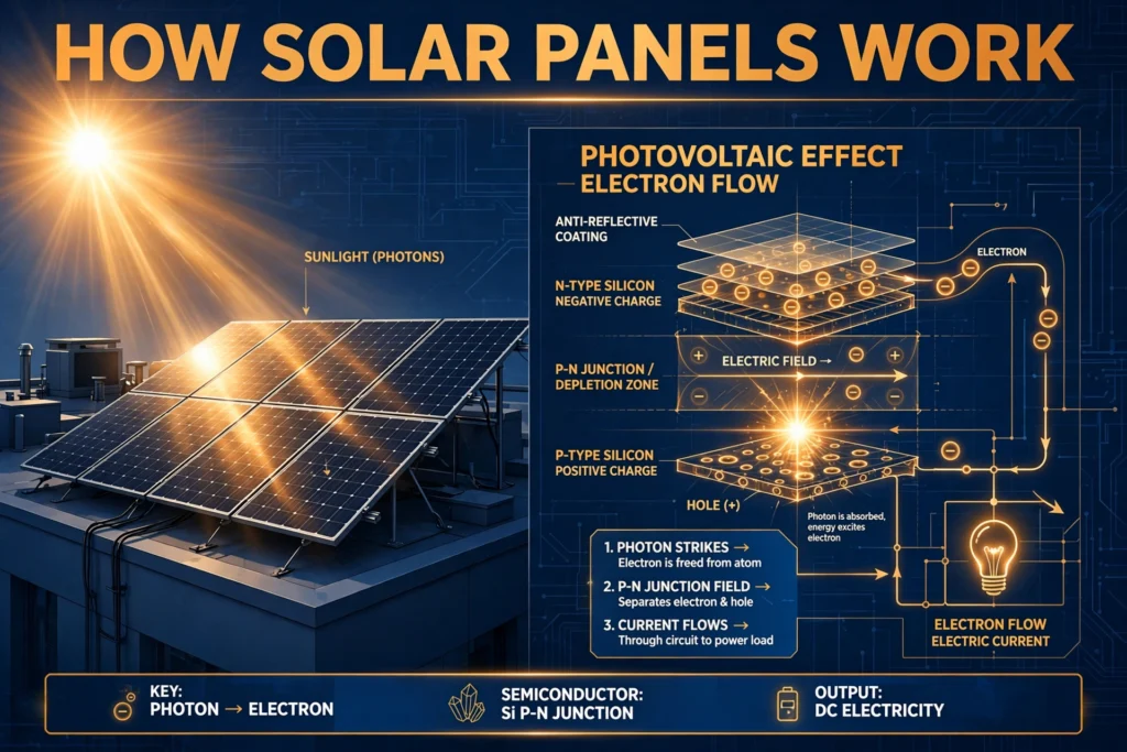 Solar panels working diagram showing sunlight hitting photovoltaic cells and the photovoltaic effect generating electricity