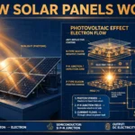 Solar panels working diagram showing sunlight hitting photovoltaic cells and the photovoltaic effect generating electricity