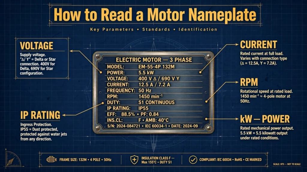 Technical illustration of an electric motor with a close-up of its metal nameplate showing parameters and title text How to Read a Motor Nameplate