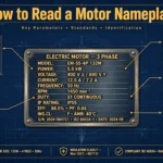 Technical illustration of an electric motor with a close-up of its metal nameplate showing parameters and title text How to Read a Motor Nameplate