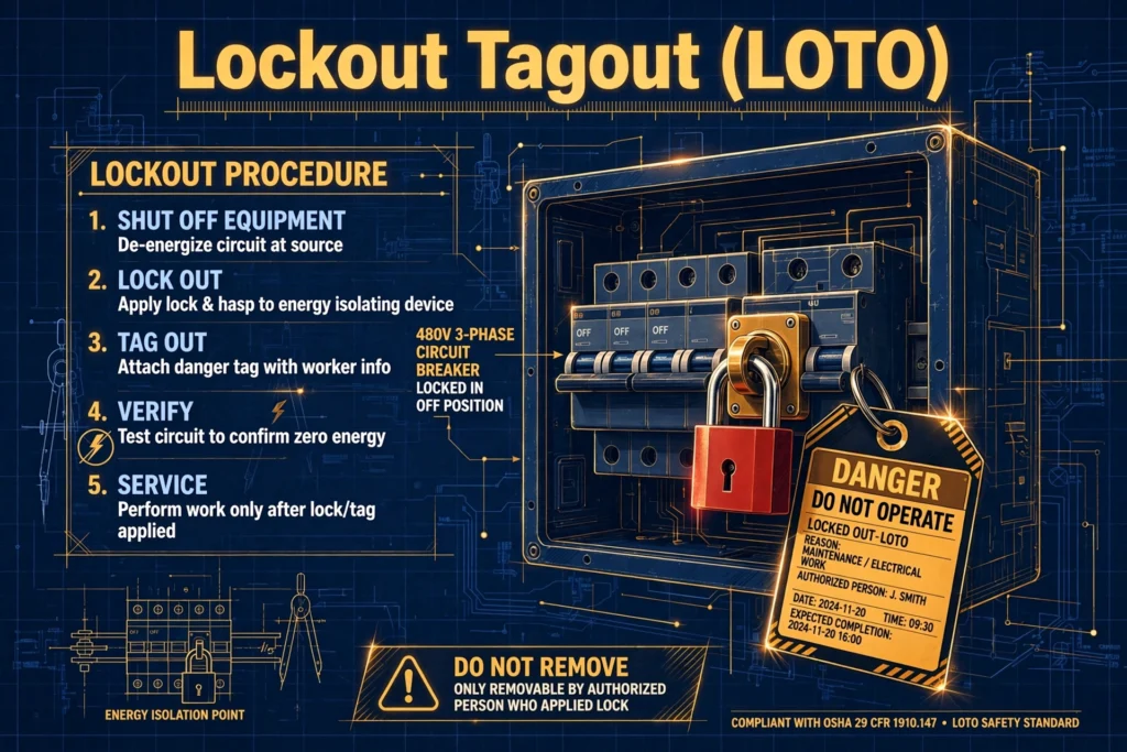 Technical illustration of lockout tagout procedure showing a padlock and danger tag on an electrical breaker with title text Lockout Tagout LOTO