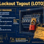 Technical illustration of lockout tagout procedure showing a padlock and danger tag on an electrical breaker with title text Lockout Tagout LOTO