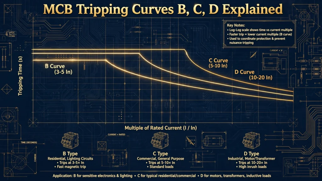 Time-current characteristic graph illustrating MCB tripping curves B, C, D, K and Z with an MCB breaker device