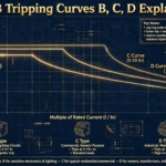 Time-current characteristic graph illustrating MCB tripping curves B, C, D, K and Z with an MCB breaker device