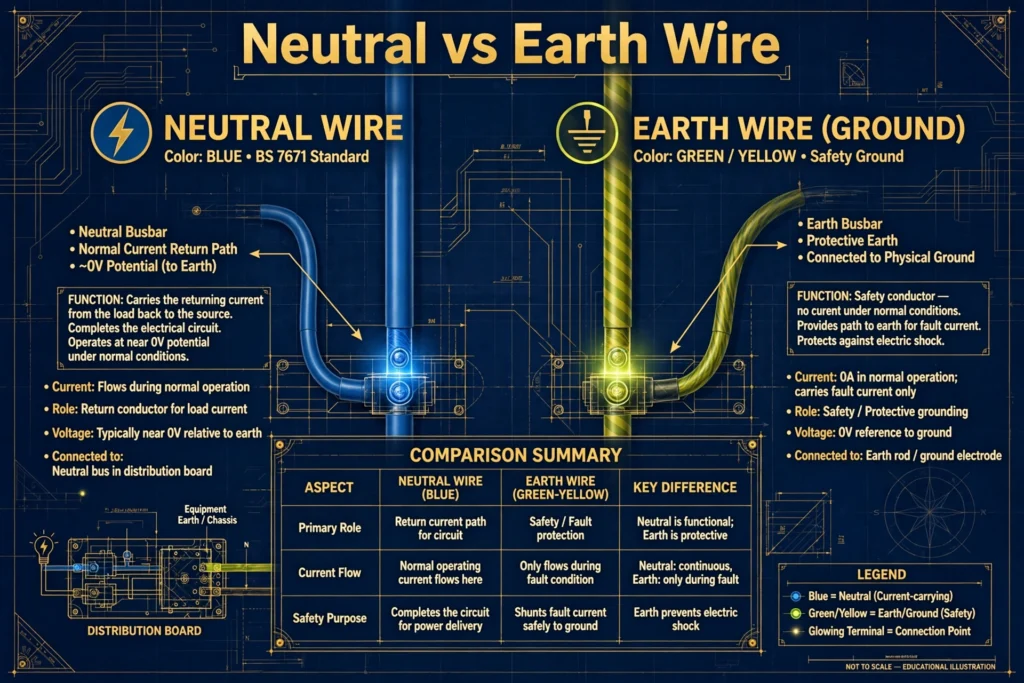 Technical illustration comparing neutral wire and earth ground wire with color codes and title text Neutral vs Earth Wire