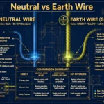 Technical illustration comparing neutral wire and earth ground wire with color codes and title text Neutral vs Earth Wire