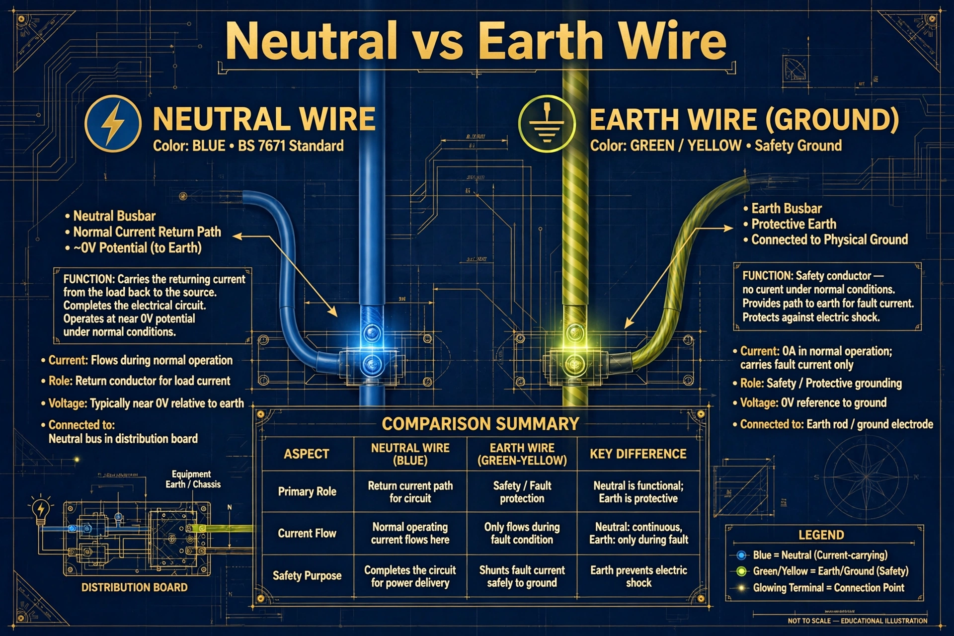 Technical illustration comparing neutral wire and earth ground wire with color codes and title text Neutral vs Earth Wire