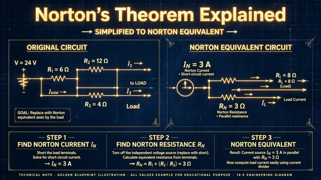 Norton's theorem equivalent circuit diagram illustration showing IN and RN with title text