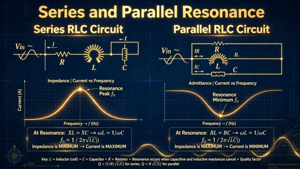 Series and parallel RLC resonance circuit diagrams with resonance curve illustration and title text