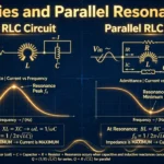 Series and parallel RLC resonance circuit diagrams with resonance curve illustration and title text
