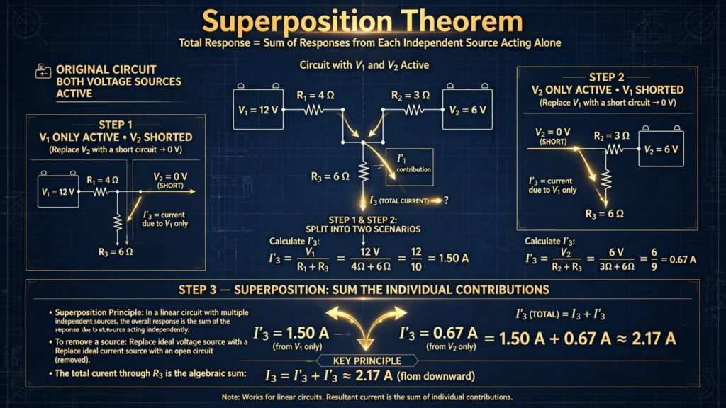 Superposition theorem circuit analysis illustration showing sources acting one at a time with title text