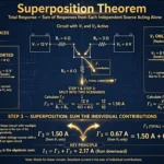 Superposition theorem circuit analysis illustration showing sources acting one at a time with title text