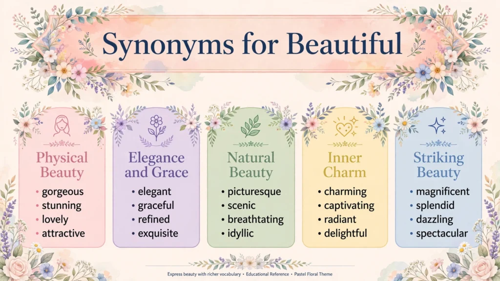 Colorful infographic listing 50 synonyms for beautiful organized into five themed categories: physical beauty, elegance, natural beauty, inner beauty and striking beauty