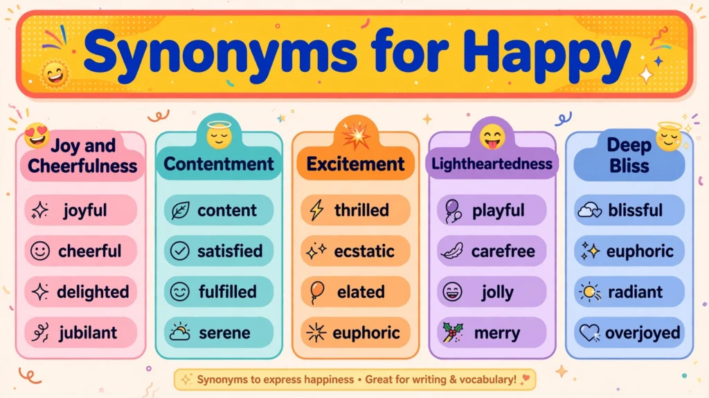 Colorful infographic listing 50 synonyms for happy organized into five themed categories: joy, contentment, excitement, lightheartedness and bliss