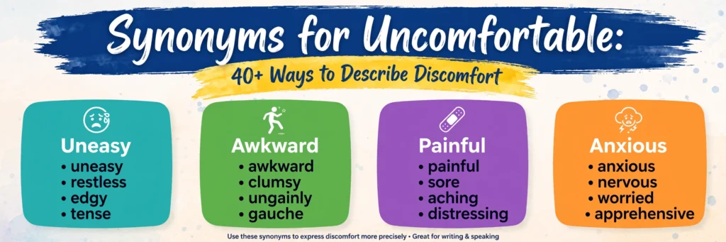 Synonyms for Uncomfortable