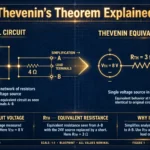 Thevenin's theorem equivalent circuit diagram illustration showing Vth and Rth with title text