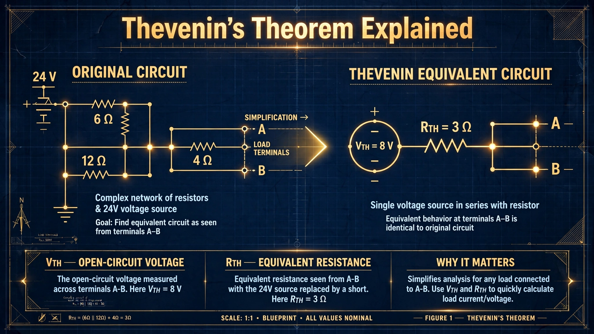 Thevenin's theorem equivalent circuit diagram illustration showing Vth and Rth with title text