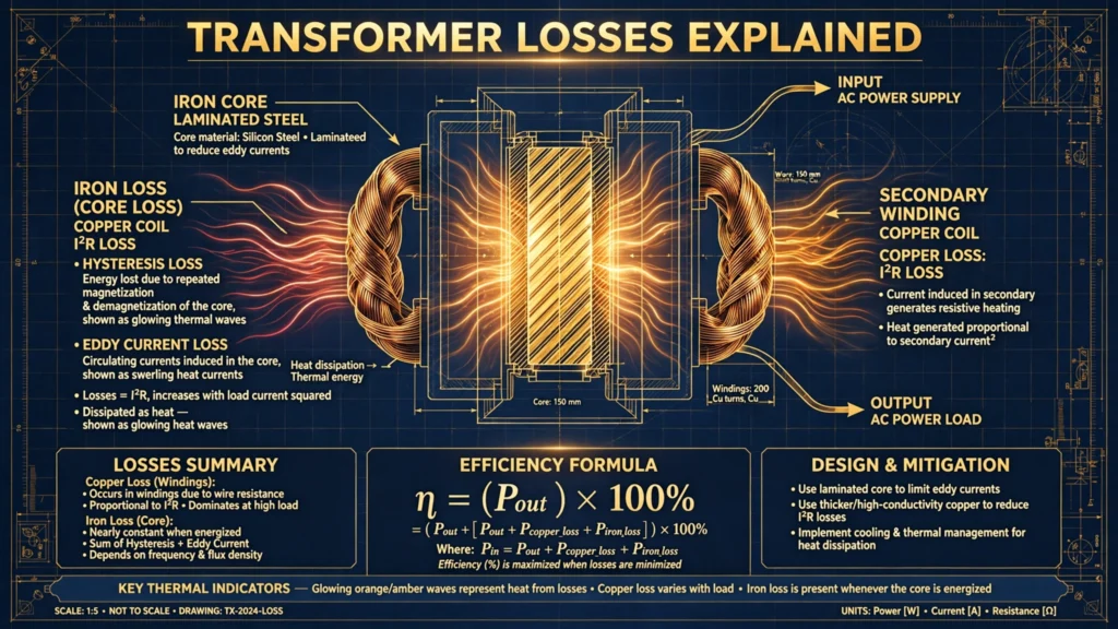 Technical cutaway illustration of a transformer showing copper windings and iron core with title text Transformer Losses