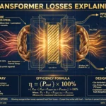 Technical cutaway illustration of a transformer showing copper windings and iron core with title text Transformer Losses