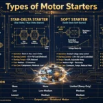 Comparison illustration of four motor starter types: DOL starter, star-delta starter, soft starter and VFD with motor icons