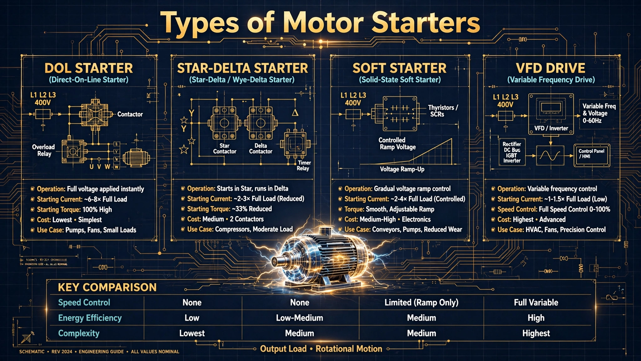 Comparison illustration of four motor starter types: DOL starter, star-delta starter, soft starter and VFD with motor icons