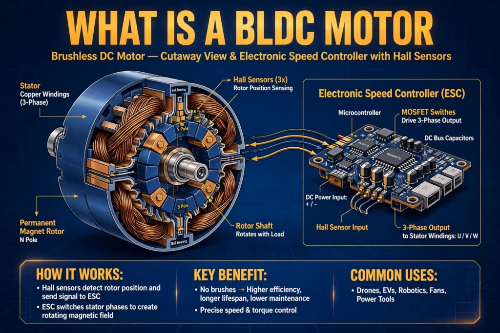 BLDC motor illustration showing brushless DC motor construction with stator windings, rotor magnets and electronic controller