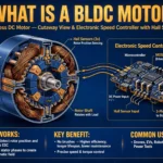 BLDC motor illustration showing brushless DC motor construction with stator windings, rotor magnets and electronic controller