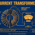 Current transformer illustration showing a power cable passing through a toroidal core with secondary winding connected to an ammeter