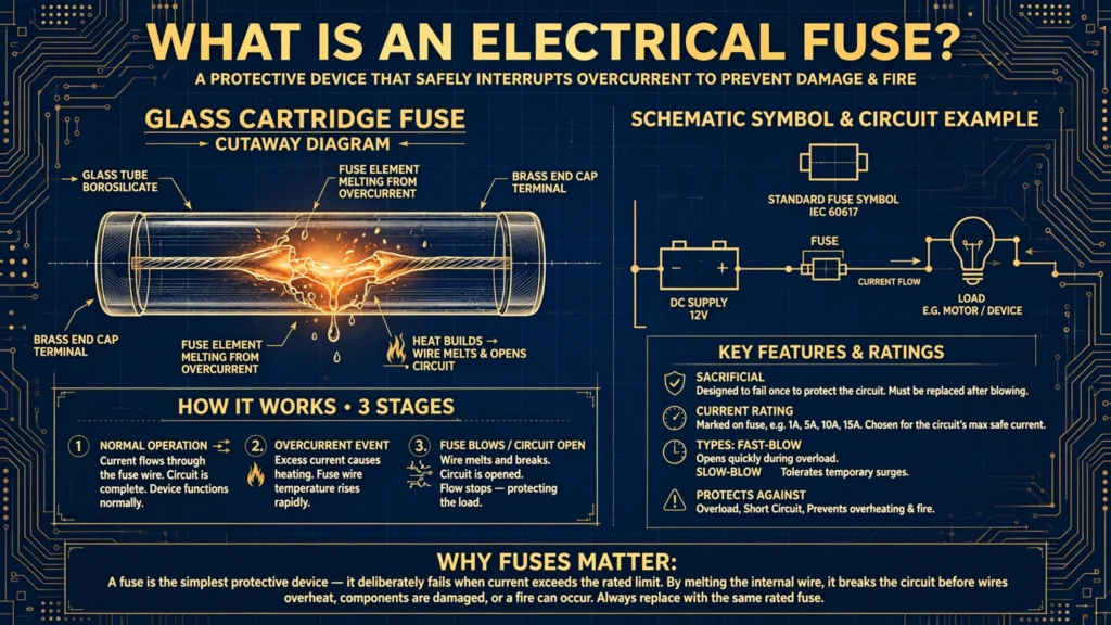 Technical illustration of electrical fuse types including cartridge, blade and glass tube fuses with title text