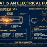 Technical illustration of electrical fuse types including cartridge, blade and glass tube fuses with title text