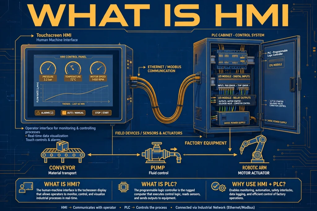 HMI illustration showing human machine interface touchscreen panel connected to PLC controlling industrial equipment
