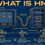 HMI illustration showing human machine interface touchscreen panel connected to PLC controlling industrial equipment