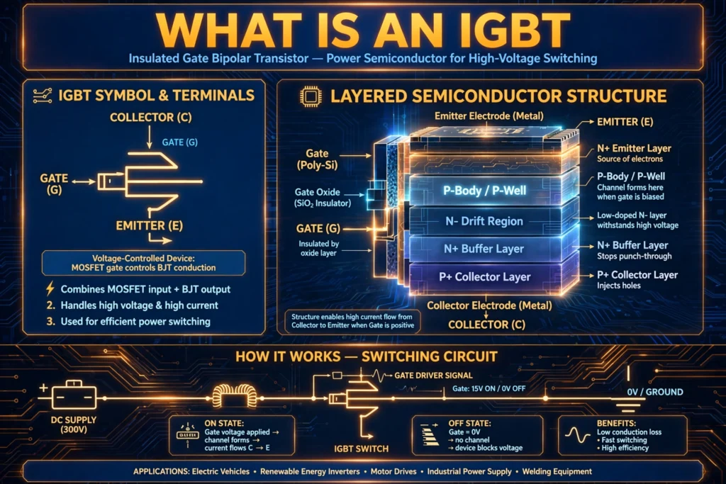 IGBT transistor illustration showing the insulated gate bipolar transistor symbol, internal structure layers and switching circuit