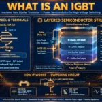 IGBT transistor illustration showing the insulated gate bipolar transistor symbol, internal structure layers and switching circuit